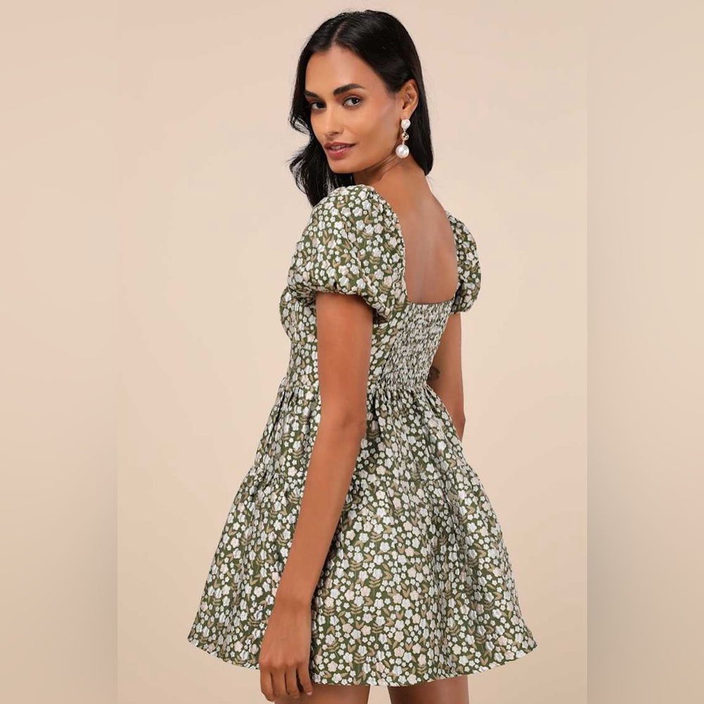 New Lulus Sz XL Confident Sweetheart Olive Floral Jacquard Tiered Mini Dress - Picture 2 of 8